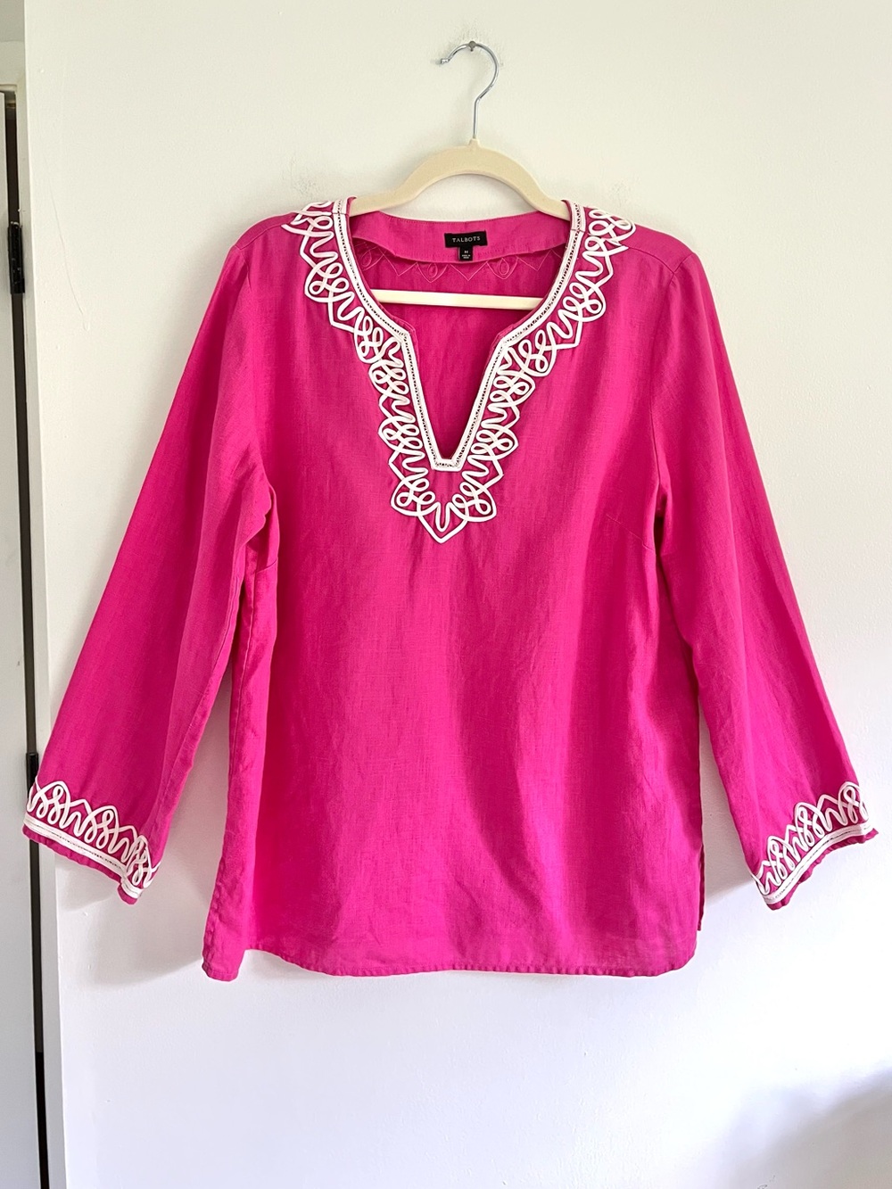 Talbots 100% Linen Hot Pink Embroidered V-Neck Tunic Top Coastal Vacation Medium
